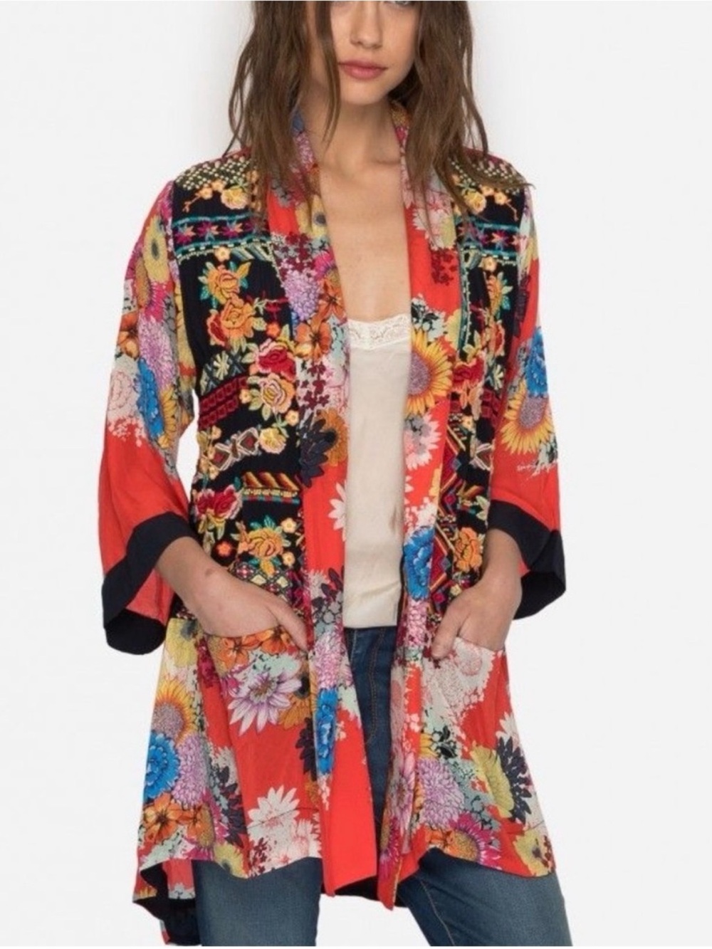 Johnny Was Mishka Rose Embroidered Silk Kimono size 1X